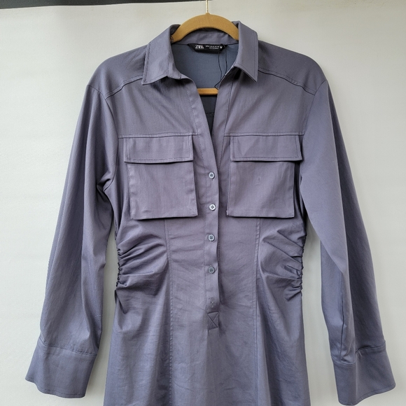Zara Womens Medium Utilitarian Minimalist Gray Long Sleeve Midi Long Shirt Dress - Picture 4 of 16